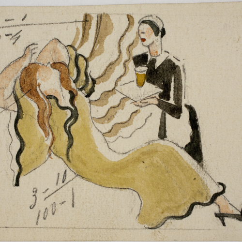 image for: Xavier Nogués - Mestressa i minyona. Estudi preparatori per a la decoració de vidre esmaltat - Cap a 1924-1928