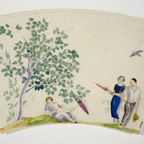 image for: Xavier Nogués - Parella i altra dona al camp, amb paraigües. Estudi preparatori per a la decoració de vidre esmaltat - Cap a 1924-1928