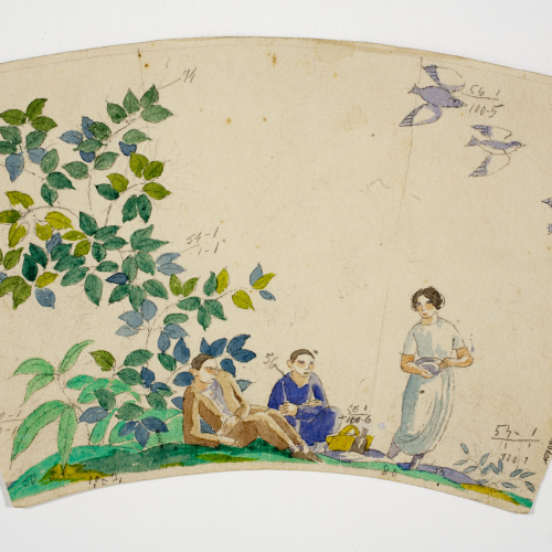 image for: Xavier Nogués - Dos homes i una dona al camp. Estudi preparatori per a la decoració de vidre esmaltat - Cap a 1924-1928