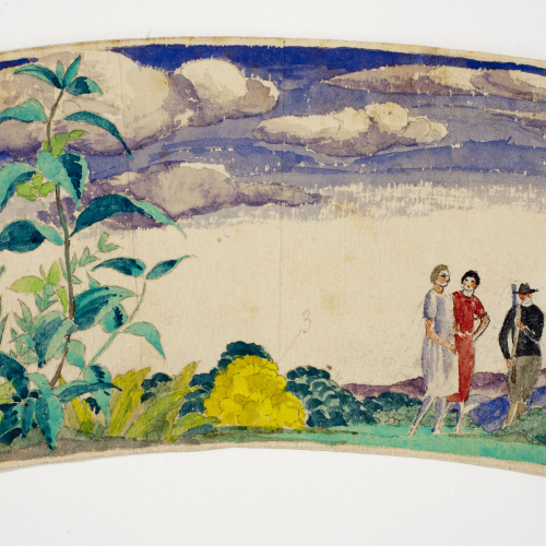 image for: Xavier Nogués - Dues dones i un home al camp. Estudi preparatori per a la decoració de vidre esmaltat - Cap a 1924-1928