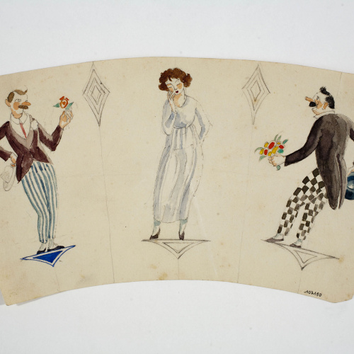 image for: Xavier Nogués - Dos homes i una dona dempeus i motius decoratius. Estudi preparatori per a la decoració de vidre esmaltat - Cap a 1924-1928