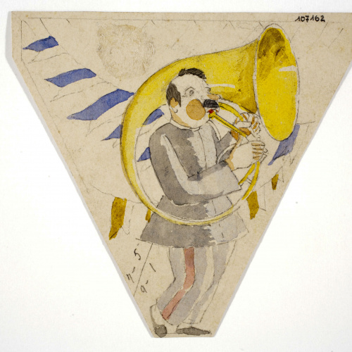 image for: Xavier Nogués - Trombó i motius decoratius. Estudi preparatori per a la decoració d&#039;un marc de mirall - Cap a 1924-1928