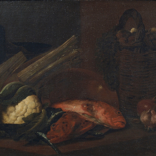 image for: Antoni Viladomat - Natura morta amb verdura, raïm, ous, nous, escórpores i sardines - Entre 1720-1755