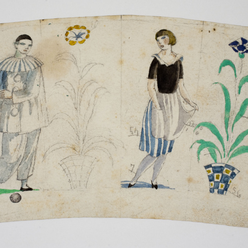 image for: Xavier Nogués - Pierrot, dona i motius vegetals. Estudi preparatori per a un got de vidre esmaltat - Cap a 1924
