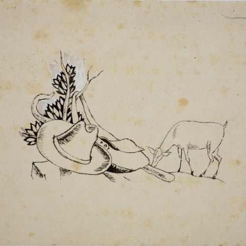 image for: Xavier Nogués - Matoll, barret, alforja, bastó i cabra (il·lustració no publicada per a l&#039;obra de Pedro Antonio de Alarcón «El Sombrero de tres picos») - Cap a 1934