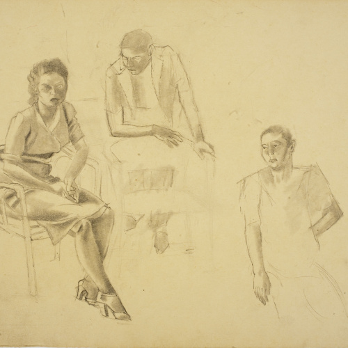 image for: Xavier Nogués - Dona asseguda i dos homes. Estudi preparatori per a l&#039;oli «La cobla» - Cap a 1940