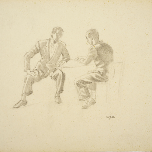 image for: Xavier Nogués - Dos homes asseguts al voltant d&#039;una taula. Estudi preparatori per a l&#039;oli «La cobla» - Cap a 1940