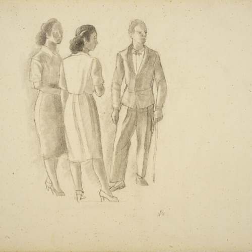 image for: Xavier Nogués - Dues dones i un home dempeus. Estudi preparatori per a l&#039;oli «La cobla» - Cap a 1940