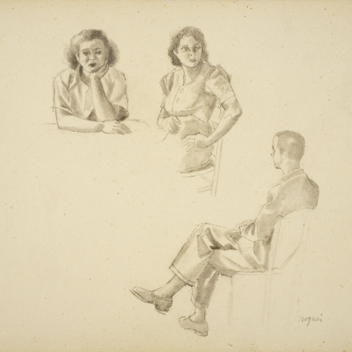 image for: Xavier Nogués - Dues dones i un home al voltant d&#039;una taula. Estudi preparatori per a l&#039;oli «La cobla» - Cap a 1940