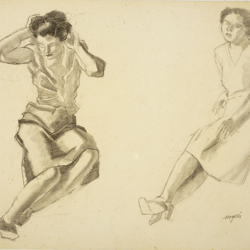 image for: Xavier Nogués - Dues noies assegudes. Estudi preparatori per a l&#039;oli «Excursionistes» - Cap a 1938