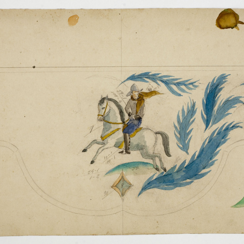 Xavier Nogués - «Cowboy» a cavall i motius vegetals. Estudi preparatori per a la decoració d'un mirall - Cap a 1924-1928 image for: Xavier Nogués - «Cowboy» a cavall i motius vegetals. Estudi preparatori per a la decoració d'un mirall - Cap a 1924-1928