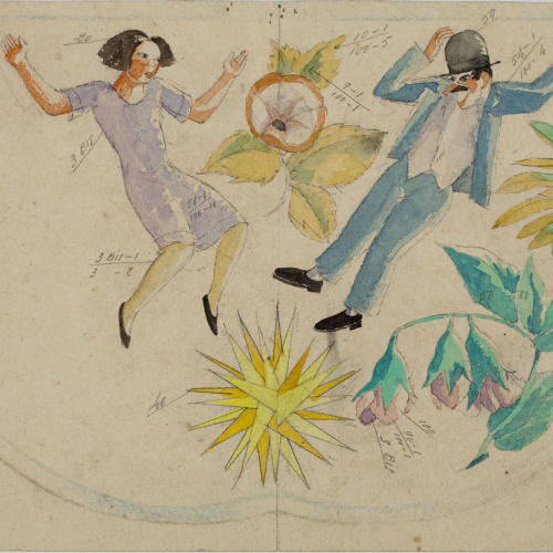 Xavier Nogués - Parella ballant i motius florals. Estudi preparatori per a la decoració d'un mirall - Cap a 1924-1928 image for: Xavier Nogués - Parella ballant i motius florals. Estudi preparatori per a la decoració d'un mirall - Cap a 1924-1928