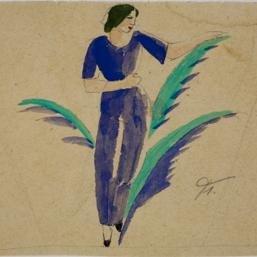 image for: Xavier Nogués - Dona dempeus i motius vegetals. Estudi preparatori per a la decoració de vidre esmaltat - Cap a 1924-1928