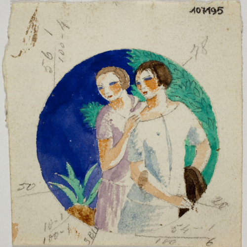 image for: Xavier Nogués - Dues dones de mig cos i decoració vegetal. Estudi preparatori per a la decoració d&#039;un medalló de vidre esmaltat - Cap a 1924-1928