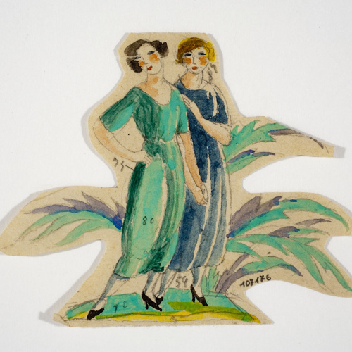image for: Xavier Nogués - Dues dones dempeus i motius vegetals. Estudi preparatori per a la decoració de vidre esmaltat - Cap a 1924-1928