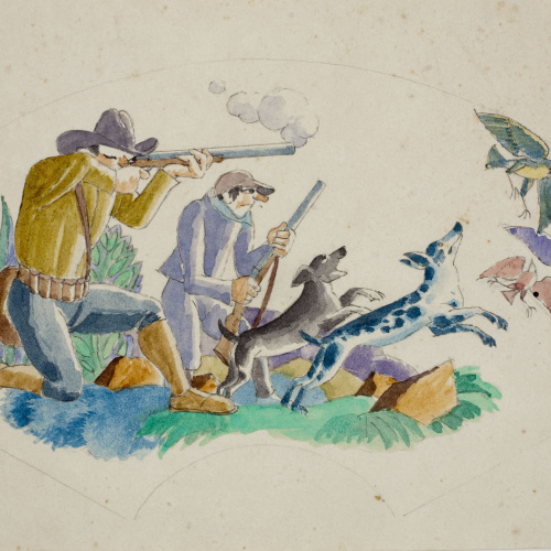image for: Xavier Nogués - Escena de caça. Estudi preparatori per a la decoració de vidre esmaltat - Cap a 1924-1928