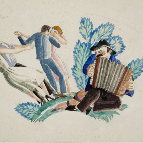 image for: Xavier Nogués - Acordeonista, parelles ballant i motius vegetals. Estudi preparatori per a la decoració de vidre esmaltat - Cap a 1924-1928
