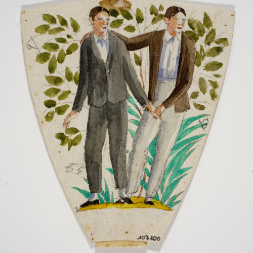 image for: Xavier Nogués - Dos homes dempeus i decoració vegetal. Estudi preparatori per a la decoració de vidre esmaltat - Cap a 1924-1928