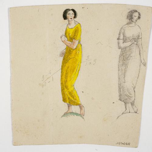 image for: Xavier Nogués - Dona ballant (vista de perfil i frontalment). Estudi preparatori per a la decoració de vidre esmaltat - Cap a 1924-1928