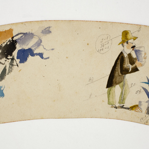 image for: Xavier Nogués - Homes bevent i motius florals (anvers) / Esbós de dona a la platja (revers). Estudi preparatori per a la decoració de vidre esmaltat - Cap a 1924-1928