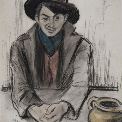 image for: Ricard Opisso - Retrat de Pablo Picasso (anvers) / Croquis de figura masculina asseguda (revers) - Cap a 1900