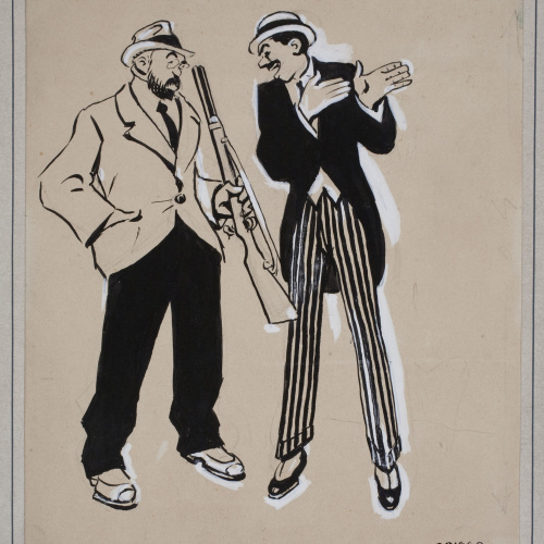 image for: Ricard Opisso - Home amb escopeta parlant amb un altre - Cap a 1915-1925