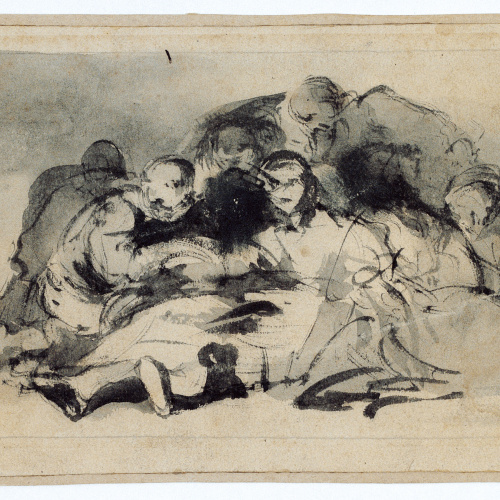 image for: Eugenio Lucas Velázquez - Figura ajaguda envoltada de gent - Cap a 1850-1860