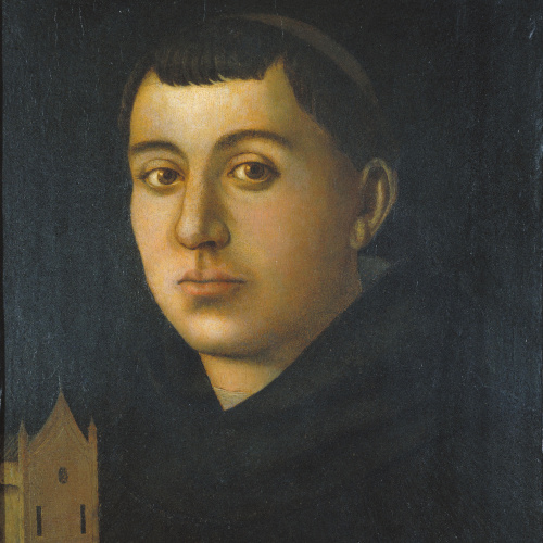 image for: Bartolomeo degli Erri - Sant [?] monjo amb el model d&#039;una església - Cap a 1480