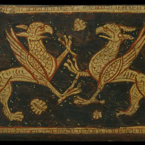 image for: Anònim. Catalunya - Fragment de biga d&#039;enteixinat amb grius enfrontats, motius vegetals i entrellaçats - Cap a 1300
