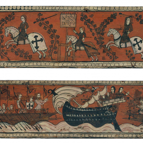 image for: Anònim. Aragó - Taula d&#039;enteixinat amb cavallers, galeres i nau d&#039;alta borda - Segle XIV
