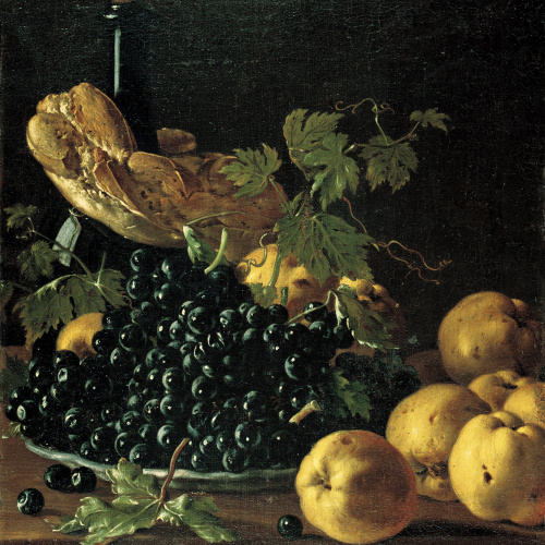 image for: Luis Egidio Meléndez - Natura morta amb pa, pomes, raïm i una ampolla - Cap a 1771