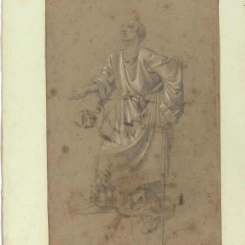 image for: Marià Fortuny - Estudi acadèmic de pidolaire (anvers) / Esbós de figures medievals (revers) - Cap a 1856-1858