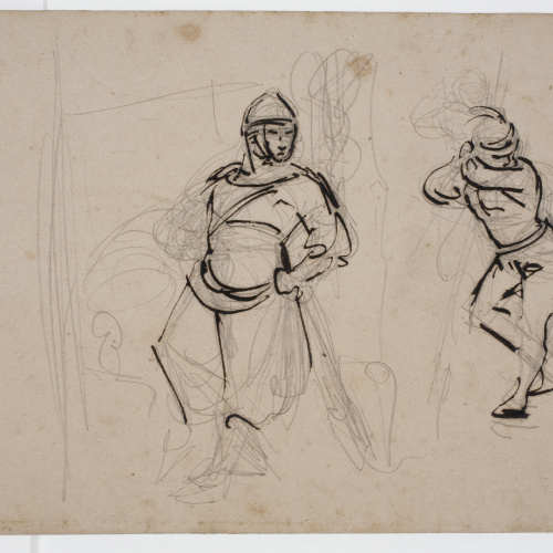 image for: Marià Fortuny - Estudi acadèmic de pidolaire (anvers) / Esbós de figures medievals (revers) - Cap a 1856-1858 [1]
