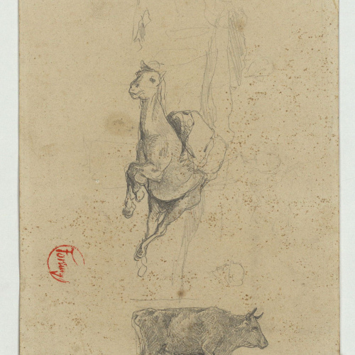 image for: Marià Fortuny - Cavall ajagut i toro (anvers) / Cap masculí (revers) - Cap a 1860-1862