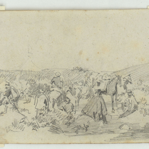 image for: Marià Fortuny - Paisatge amb soldats espanyols (anvers) / Croquis de paisatge amb soldats (revers) - Cap a 1860