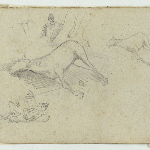 image for: Marià Fortuny - Cavalls ajaguts i esbós de figures (anvers) / Cavall al galop (revers) - Cap a 1860-1862