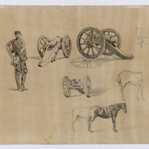 image for: Marià Fortuny - Festa militar espanyola (anvers) / Soldat espanyol, canons i cavall (revers) - Cap a 1860 [1]