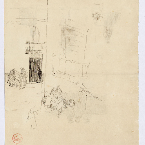 image for: Marià Fortuny - Esbós de carrer amb figures (anvers) / Figures i campanars (revers) - Cap a 1870-1872