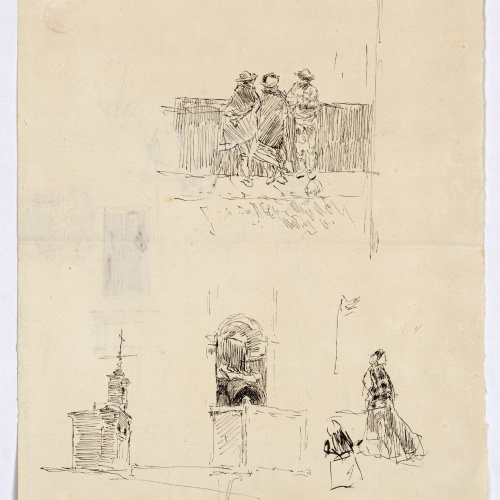 image for: Marià Fortuny - Esbós de carrer amb figures (anvers) / Figures i campanars (revers) - Cap a 1870-1872 [1]