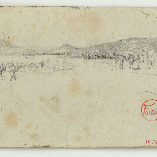 image for: Marià Fortuny - Campament militar (anvers) / Dibujos en la casa del santón donde está nuestra avanzada (revers) - Cap a 1860