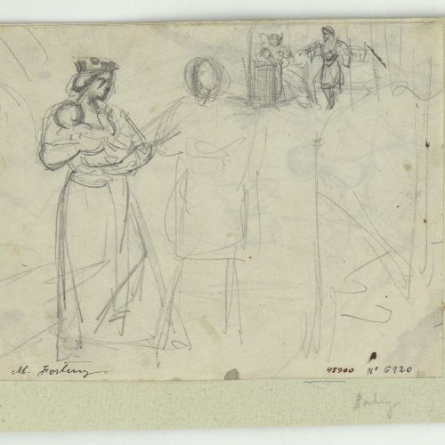 image for: Marià Fortuny - Reina amb infant als braços i altres figures (anvers) / Figura masculina amb carcaix i croquis d&#039;altres figures (revers) - Cap a 1856-1858