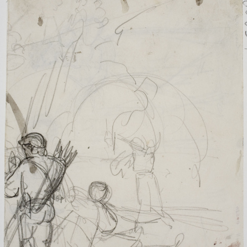 image for: Marià Fortuny - Reina amb infant als braços i altres figures (anvers) / Figura masculina amb carcaix i croquis d&#039;altres figures (revers) - Cap a 1856-1858 [1]