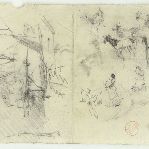 image for: Marià Fortuny - Croquis de carrer amb un carro, figures femenines i animals - Cap a 1874