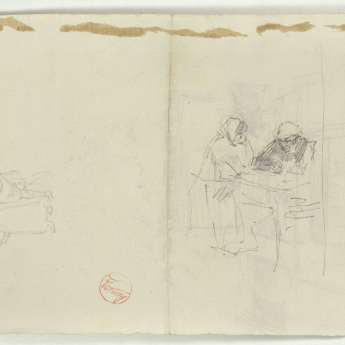 image for: Marià Fortuny - Esbós de figures i parella davant d&#039;una taula (anvers) / Esbós d&#039;interior d&#039;església amb figura (revers) - Cap a 1867-1872
