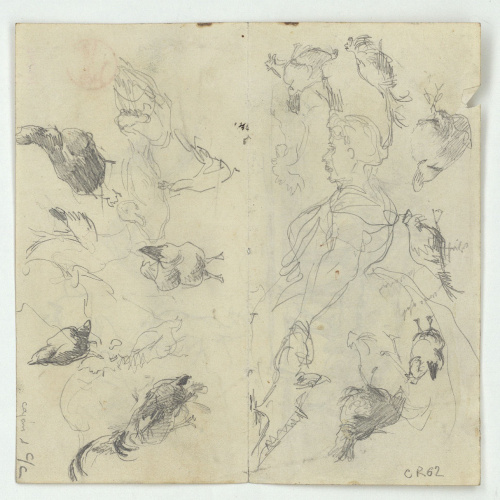 image for: Marià Fortuny - Rucs junyits a un carro i croquis de gallines (anvers) / Gallines i figura femenina (revers) - Cap a 1867-1872 [1]