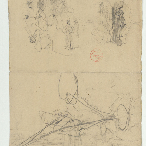 image for: Marià Fortuny - Esbós de figures femenines i croquis inconcret (anvers) / Croquis arquitectònic (revers) - Cap a 1870-1874