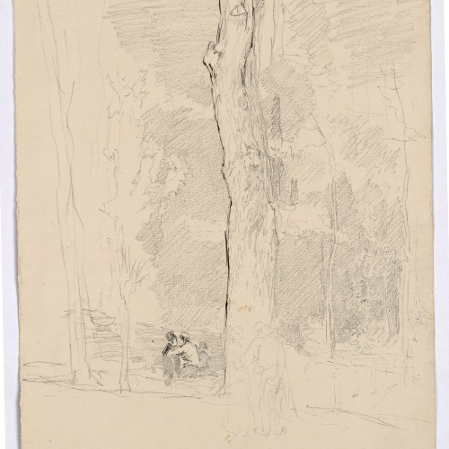 image for: Marià Fortuny - Parelles al parc (anvers) / Estudi de perspectiva i motius arquitectònics (revers) - Cap a 1863-1866
