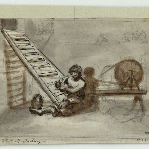 image for: Marià Fortuny - Presoner a la presó (anvers) / Fragment d&#039;escena i altres croquis (revers) - Cap a 1856-1858