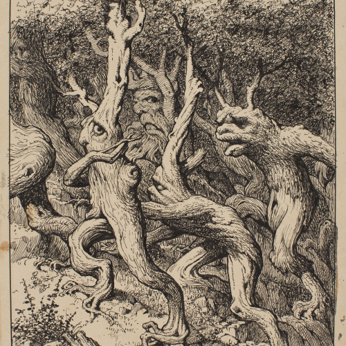 image for: Apel·les Mestres - Els arbres fugint de l&#039;home, destructor dels boscos. Il·lustració per al poema «Liliana» d&#039;Apel·les Mestres - 1905