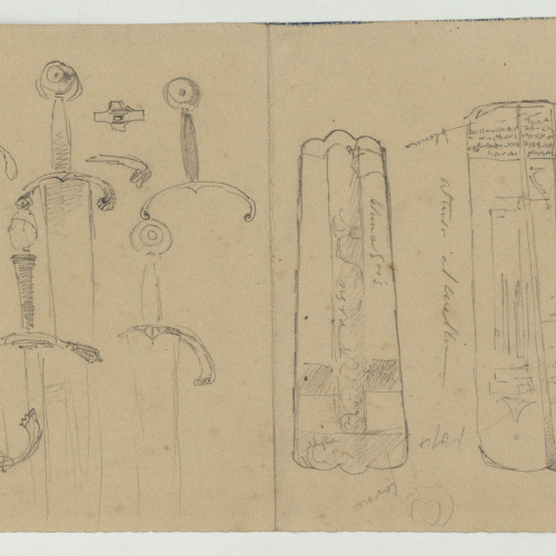 image for: Marià Fortuny - Espases i peces d&#039;armadura (anvers) / Espingarda, espasa, punyal i altres objectes (revers) - Cap a 1860-1862